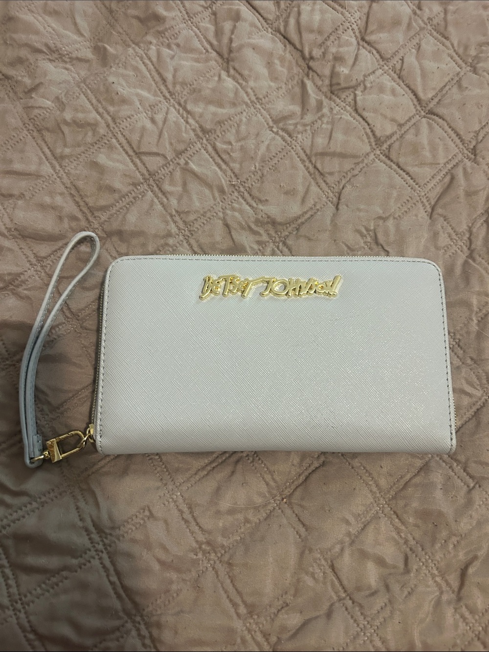 Betsey Johnson Cream Wristlet Wallet with Gold Logo